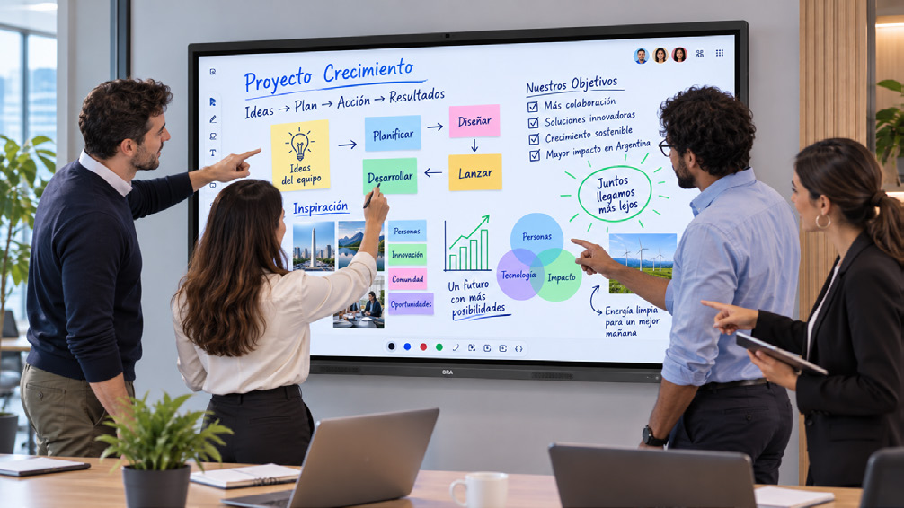 Equipo colaborando sobre una pizarra digital ORA